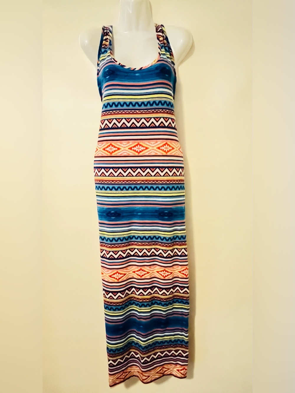 Bobbie Brooks Multicolor Striped Tribal Maxi Dress - Blue, Orange, Pink, Cream L